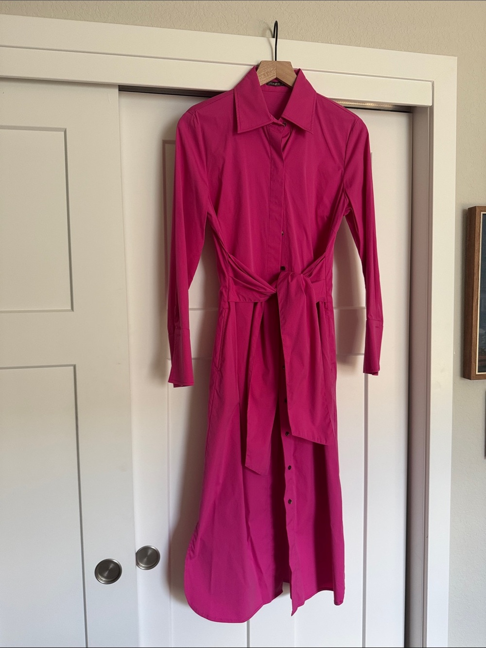J. McLaughlin Hot Pink Long-Sleeve Shirt Dress with Tie Waist